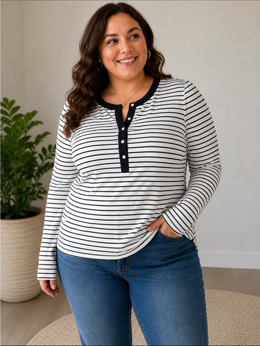 Lands’ End Women’s 2X Black White Striped Long Sleeve Henley Top Plus Size